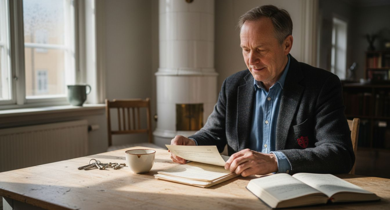 Swedish landlord reviewing rental documents at kitchen table