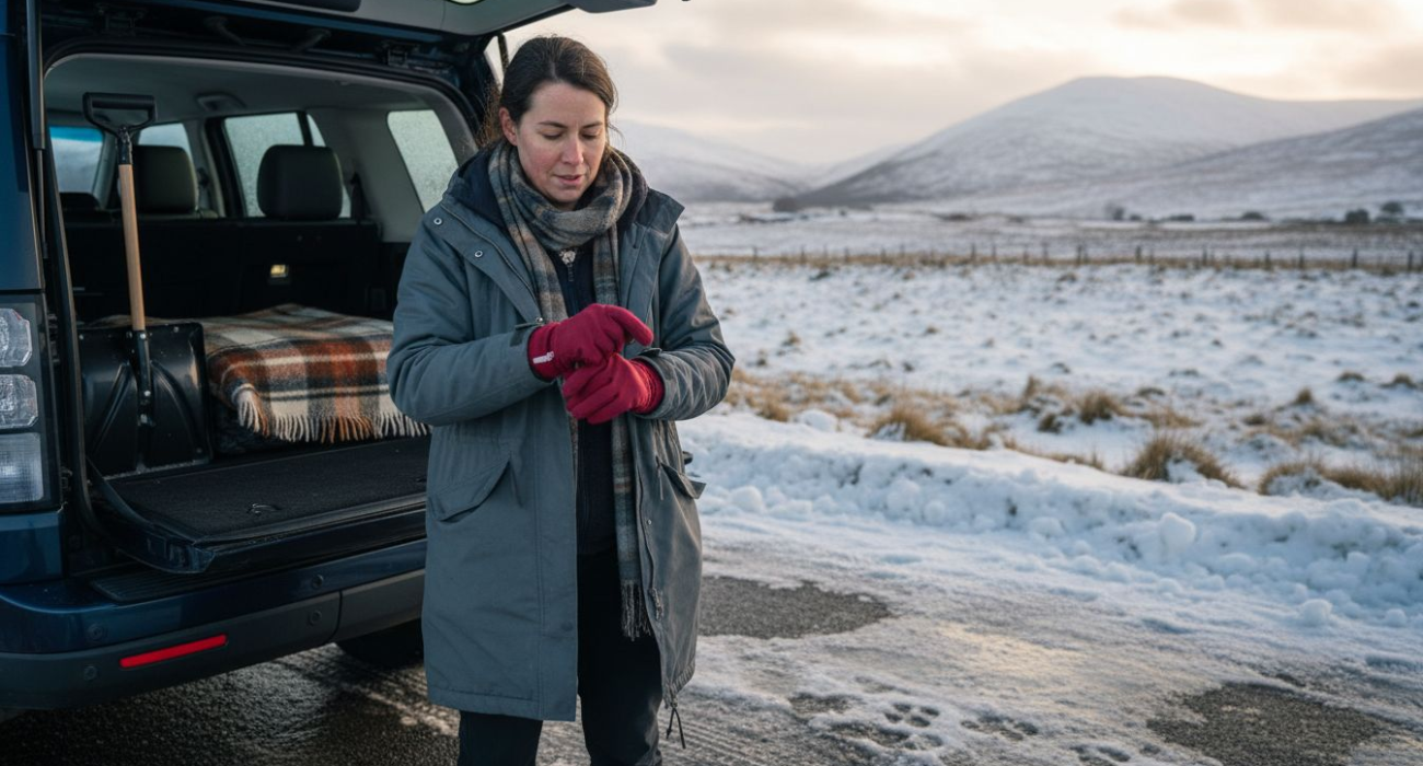 Woman preparing for winter travel roadside