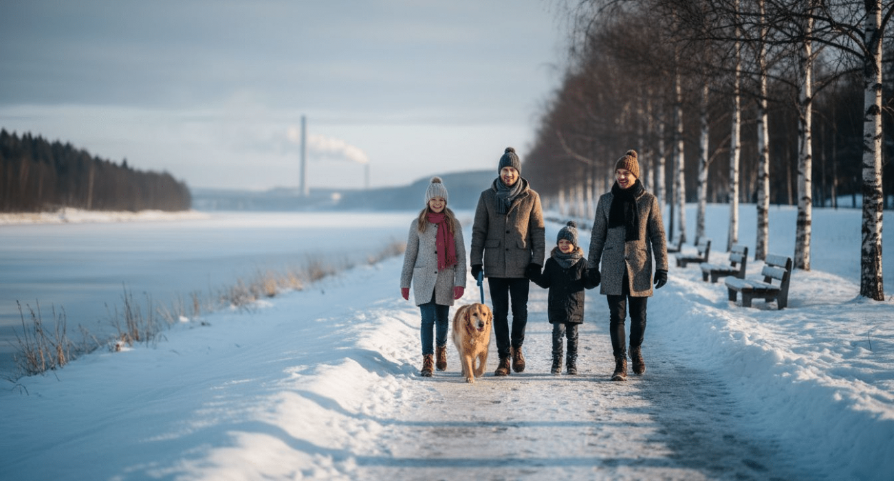 Family walking in snowy Northern Sweden riverside