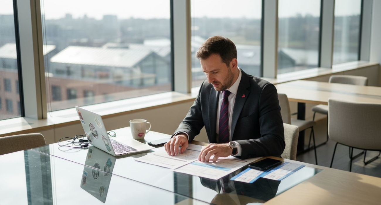 Business travel agent reviewing itineraries in office