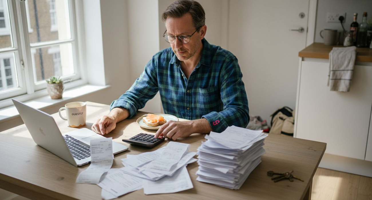 Property owner reviewing rental finances at table