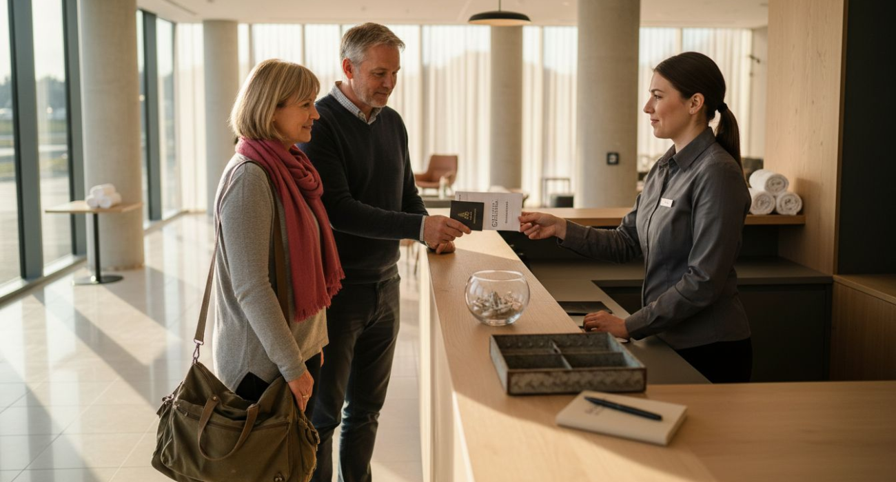 Guests checking in at hotel lobby desk