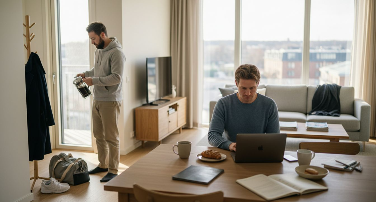 Team relaxing in serviced apartment living space