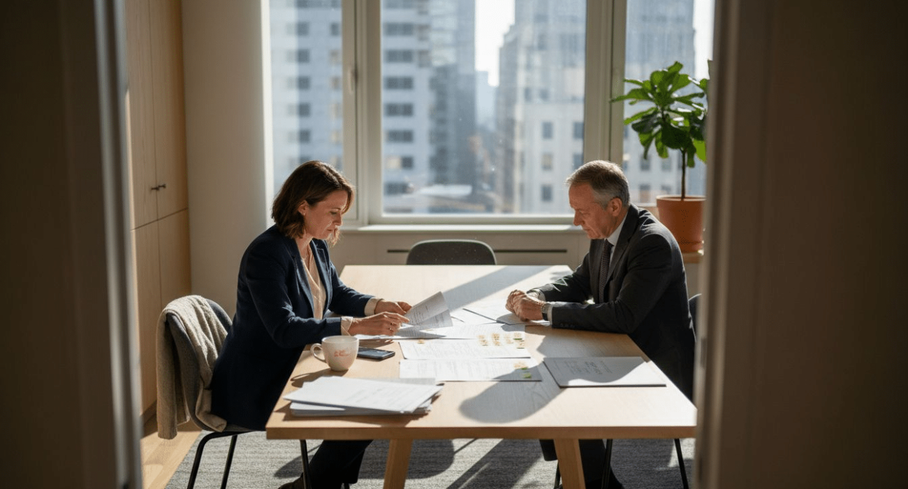 Business team reviewing housing contract checklist