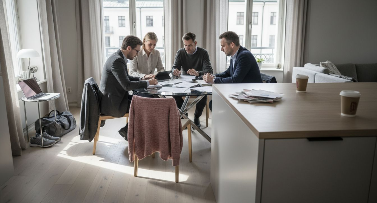Business team meeting in modern Swedish apartment