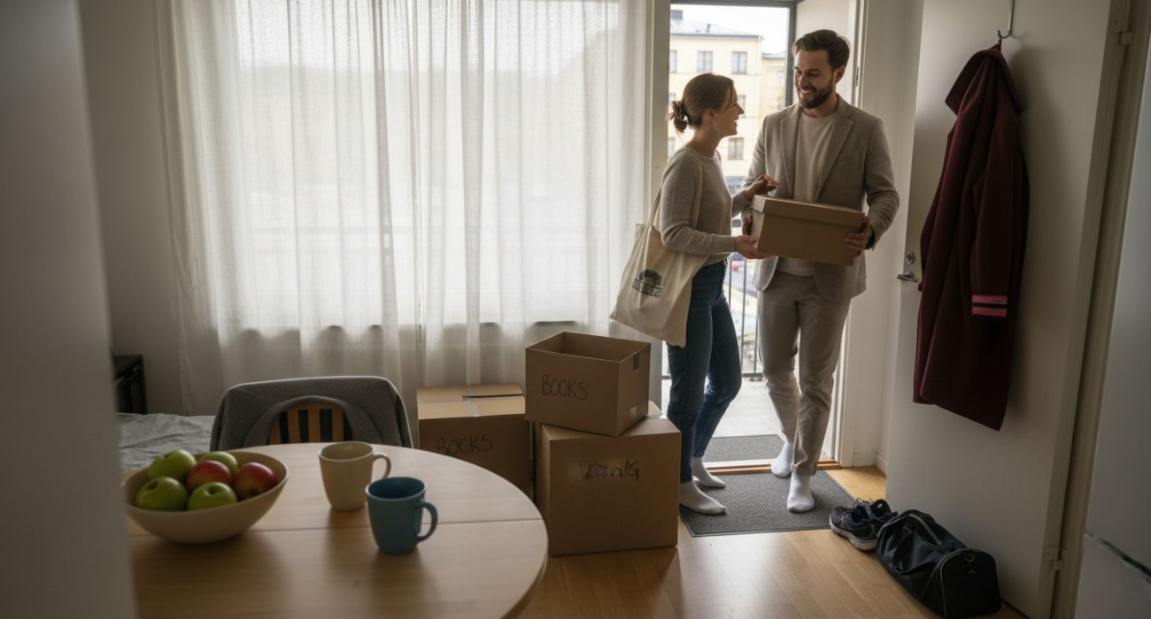 Young couple entering Swedish temporary housing