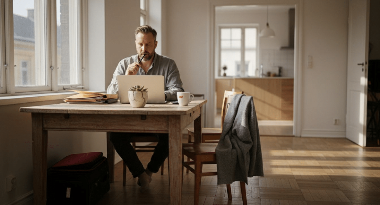 Business traveler in Nordic furnished apartment