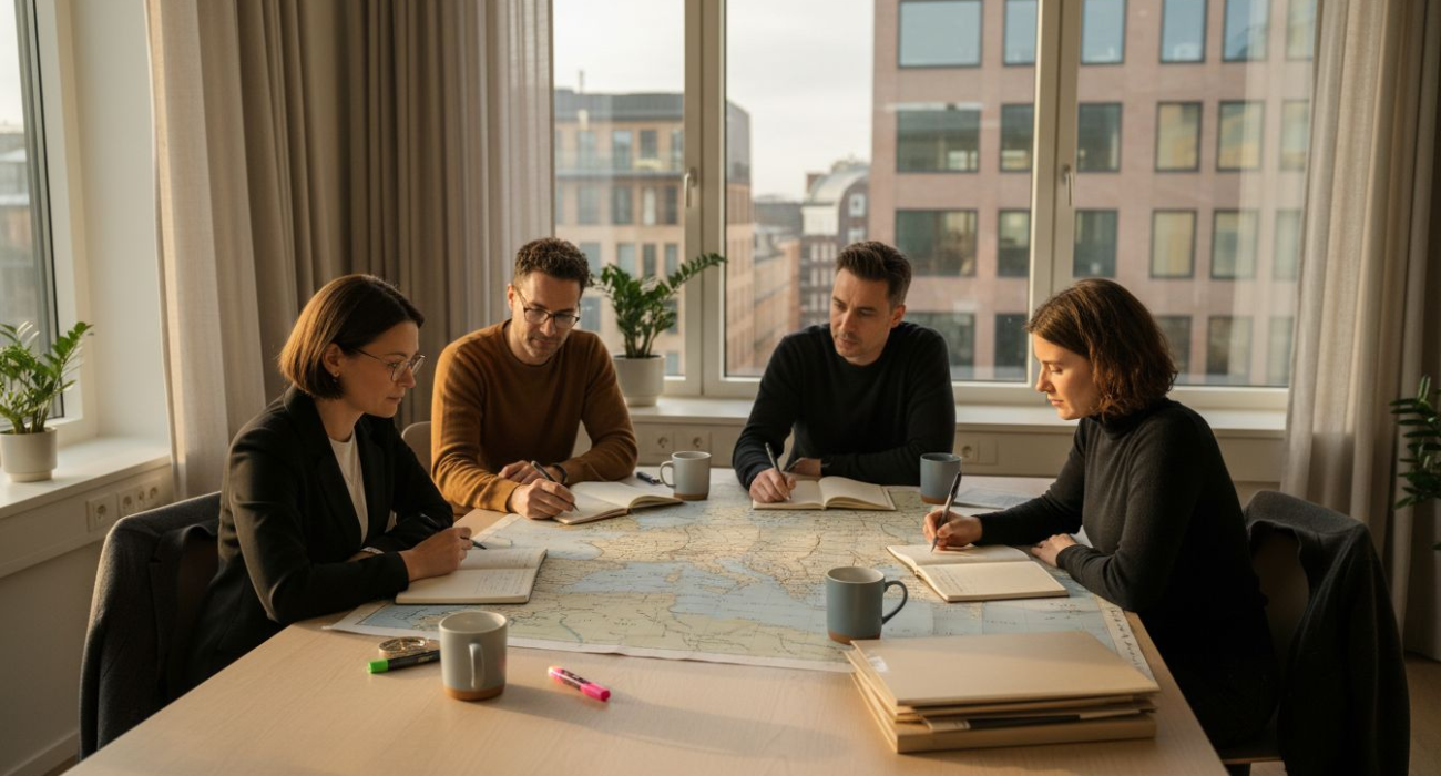 Project team planning corporate travel in Stockholm office