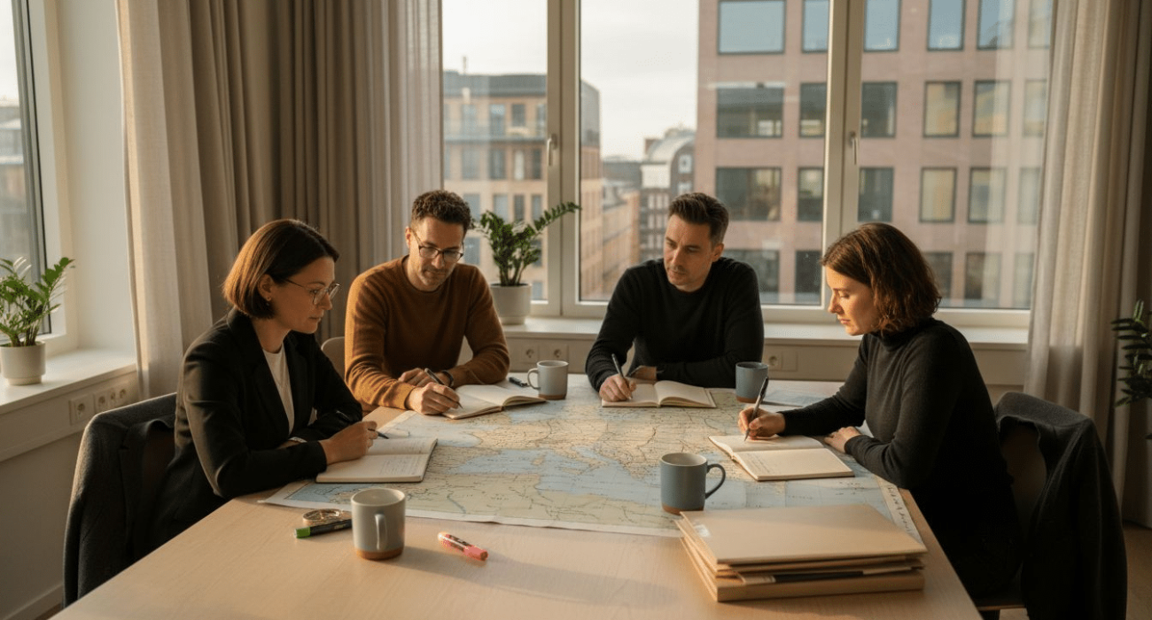 Project team planning corporate travel in Stockholm office