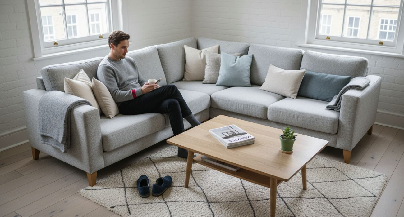 Modern Swedish apartment with resident relaxing