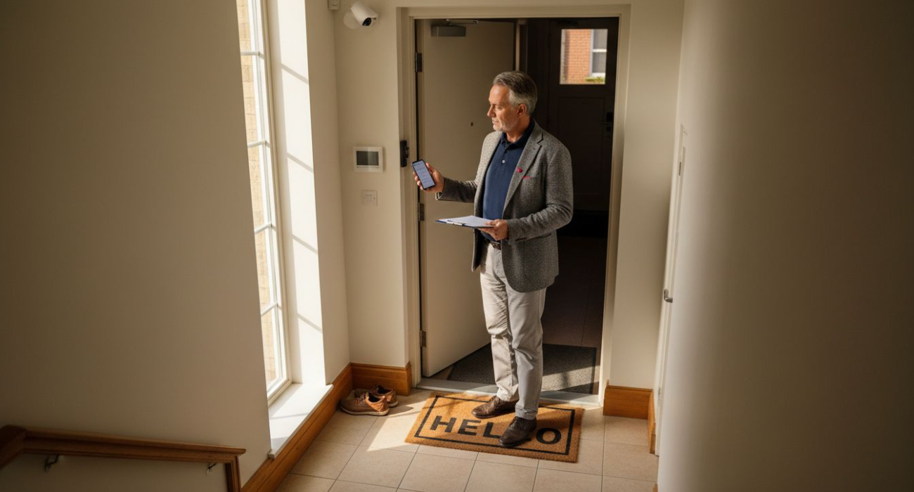 Manager checks safety protocol at apartment entry