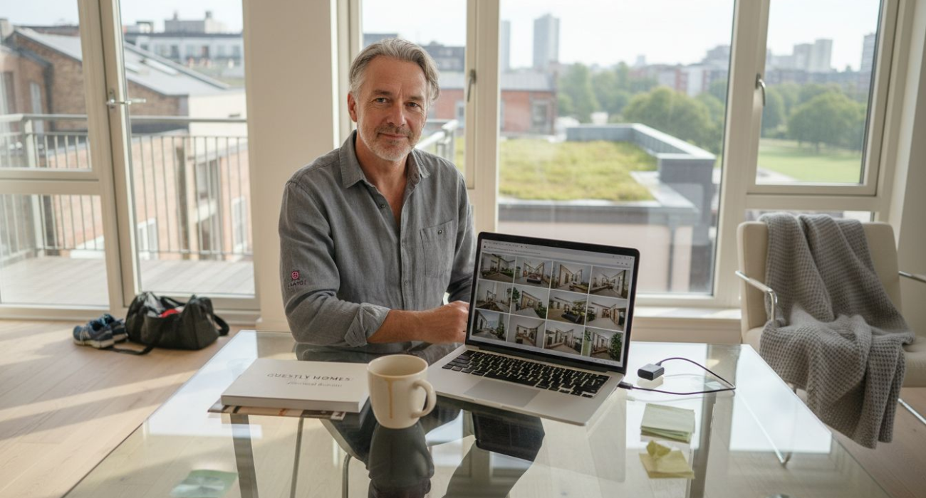 Property owner reviewing marketing materials at table