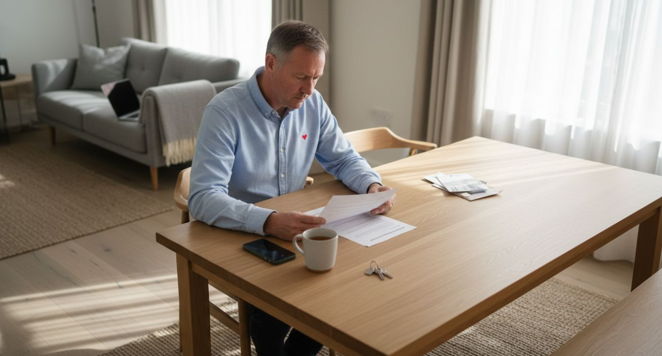 Landlord reviewing contract at dining table