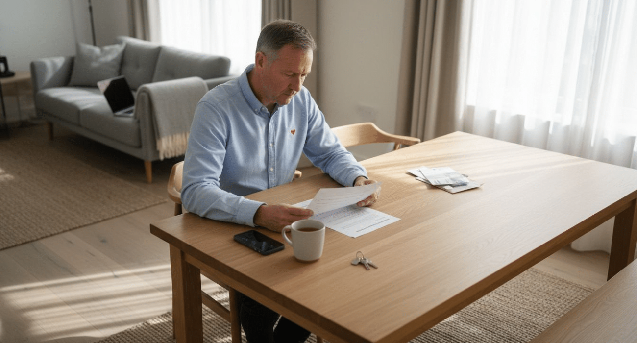 Landlord reviewing contract at dining table