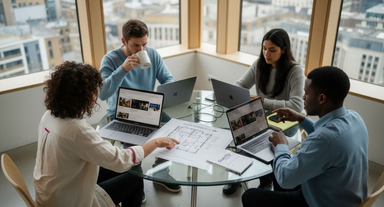 Team discussing short-term rental options in office