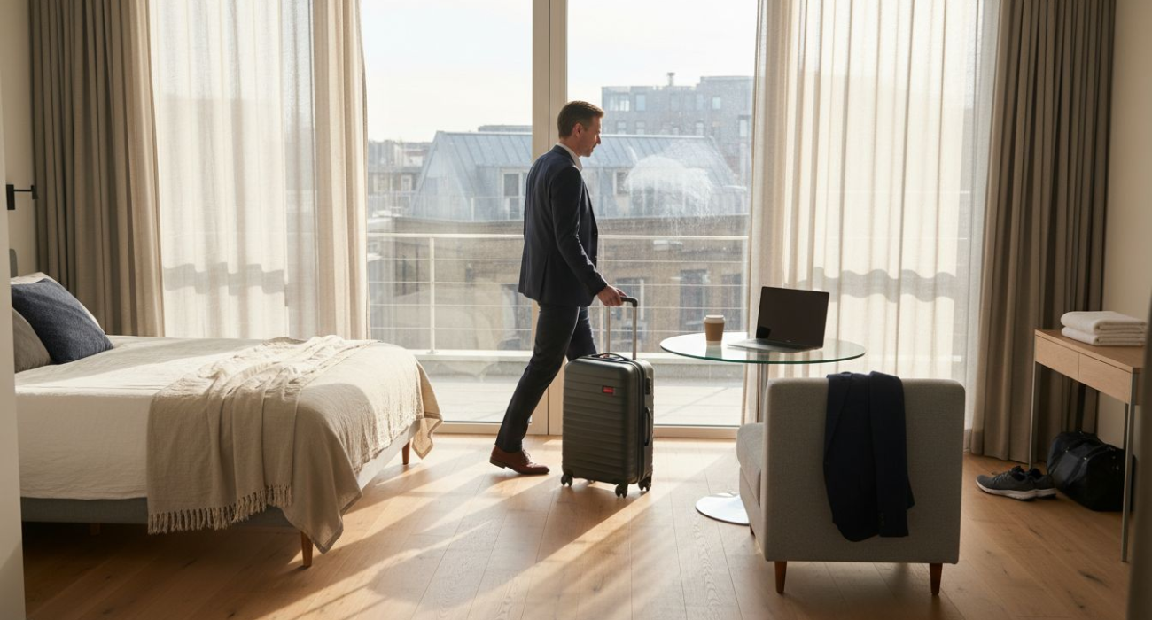 Business traveler arriving at serviced apartment interior