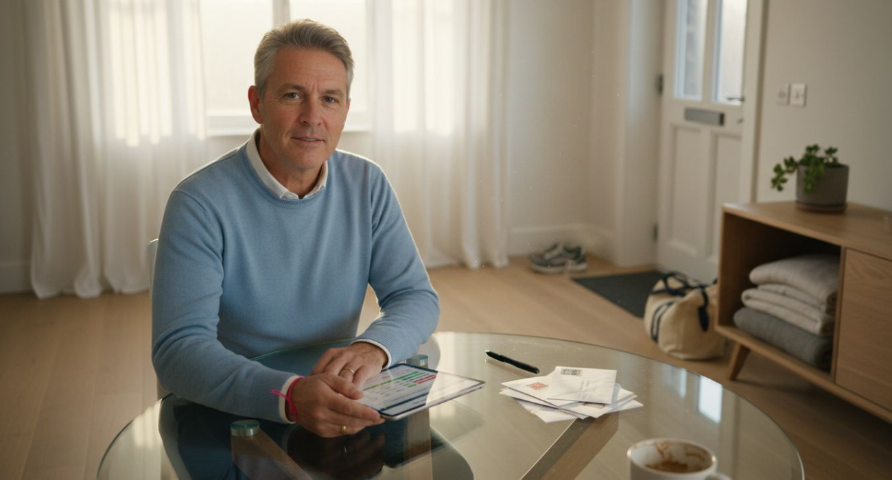 Property owner reviews rental spreadsheet at table