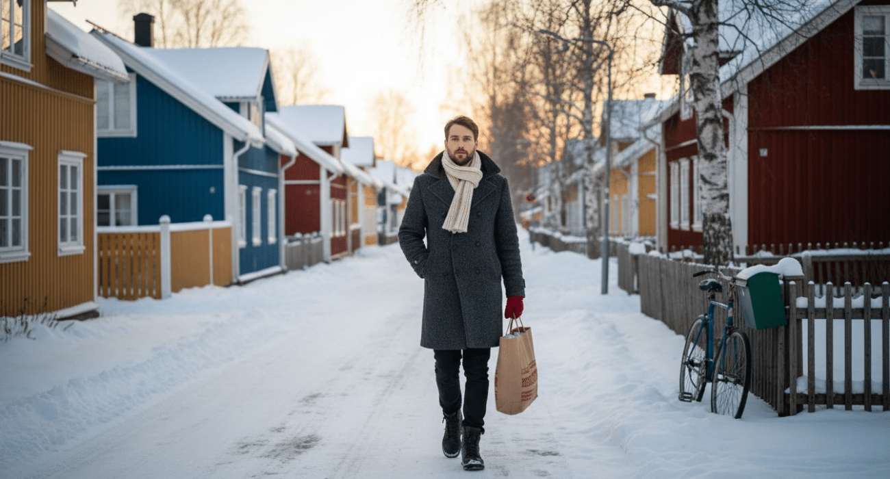 Man walking winter street in northern Sweden