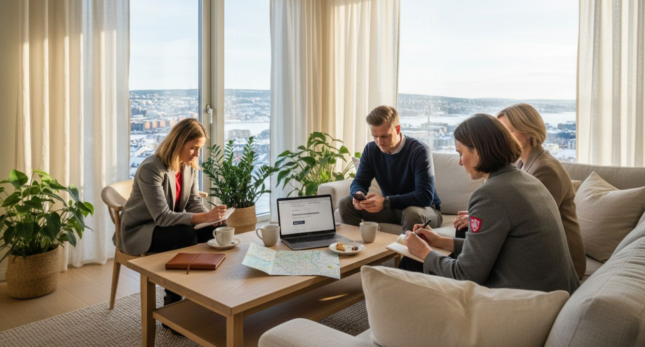 Team comparing villa and apartment options in living room