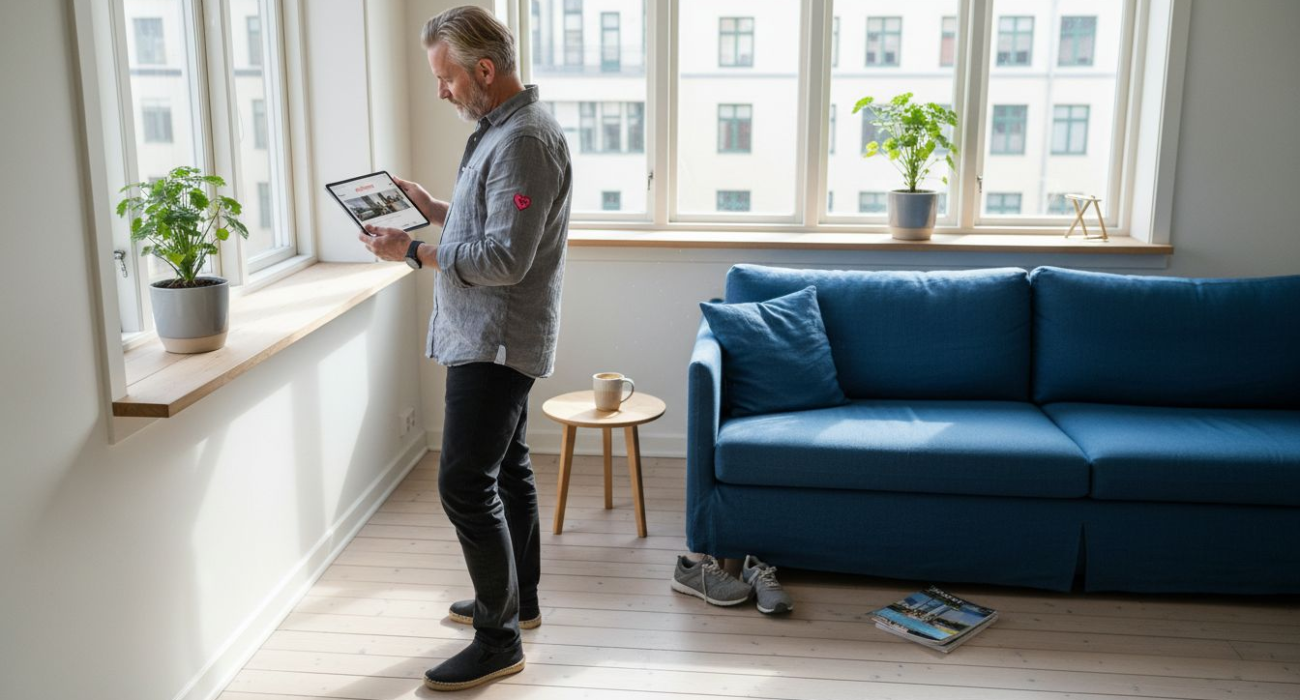 Swedish owner updating Airbnb listing at home