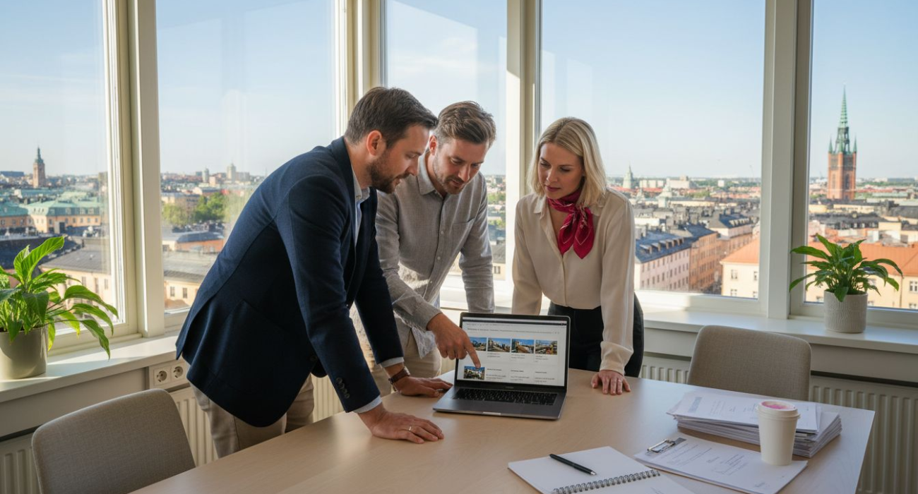Property managers collaborating in Swedish office