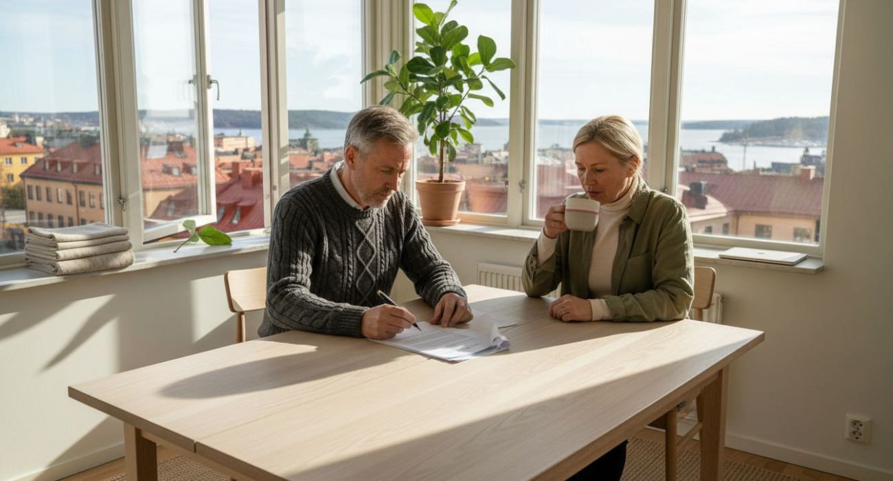 Couple signing apartment lease in Stockholm