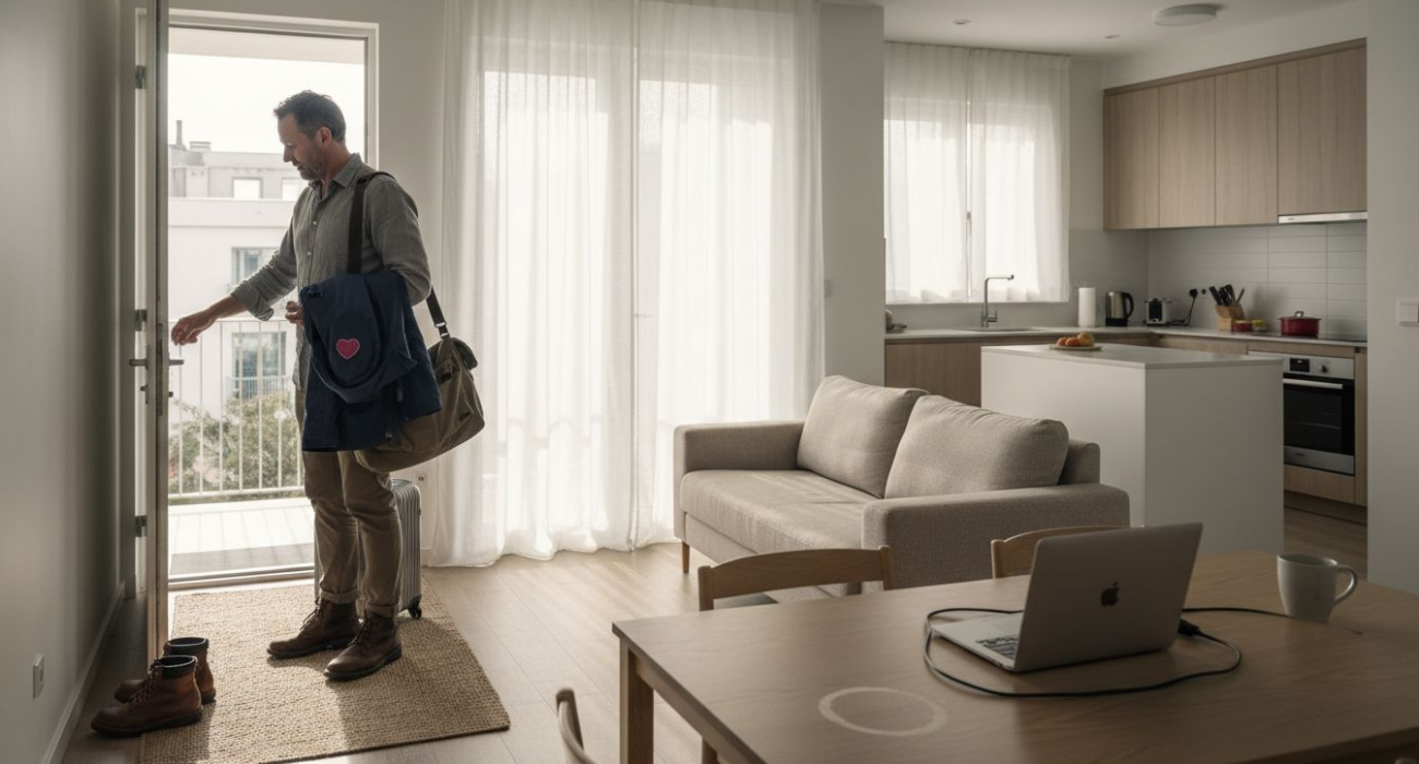 Professional arriving at furnished apartment in Sweden