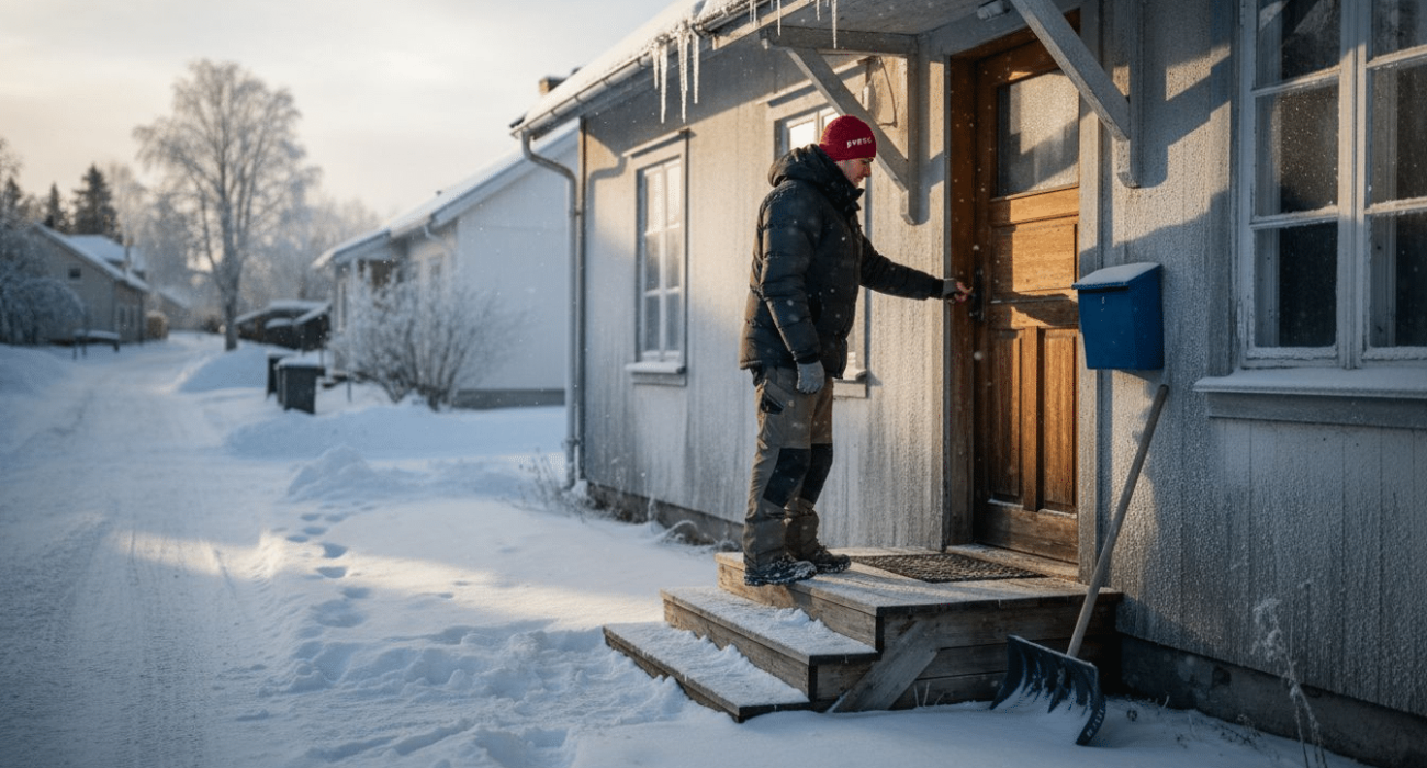 Winter work housing with manager outside entrance