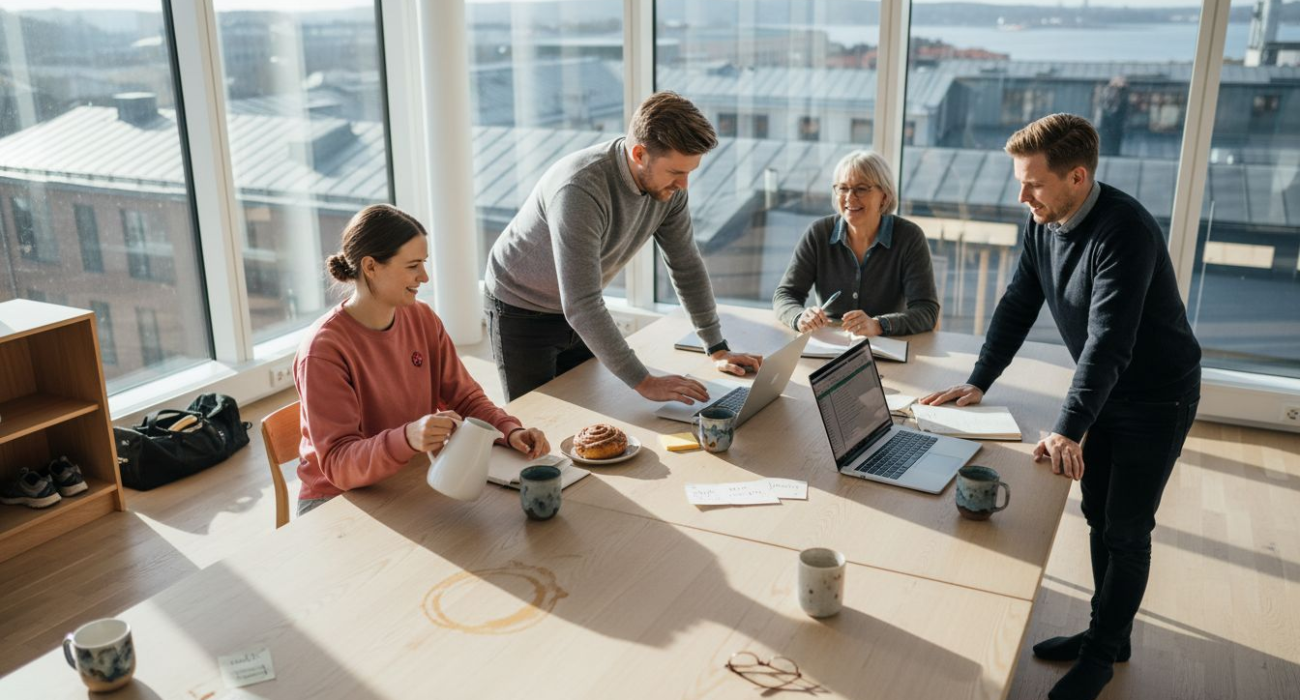 Swedish coworkers collaborate in bright corner office