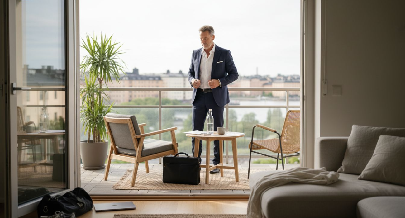 Executive on balcony of managed apartment