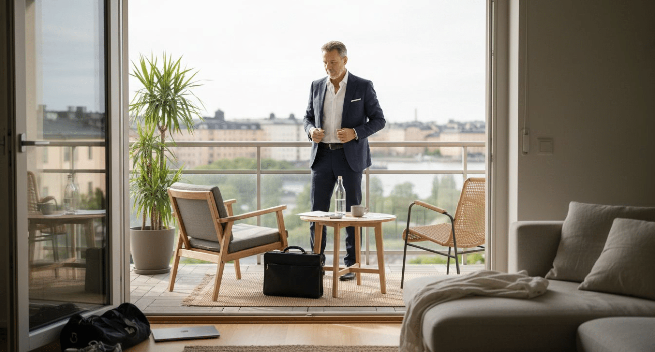 Executive on balcony of managed apartment