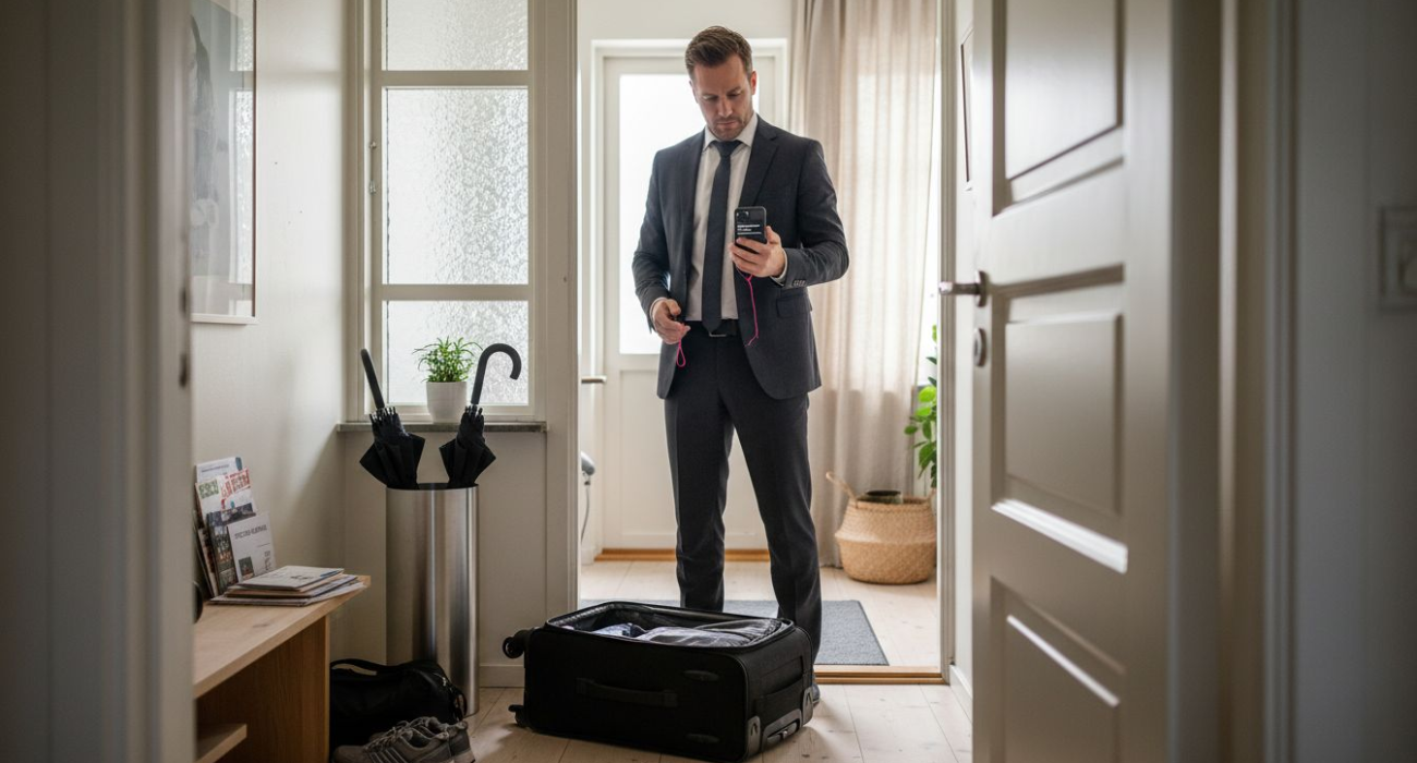 Business traveler arrives at Stockholm apartment