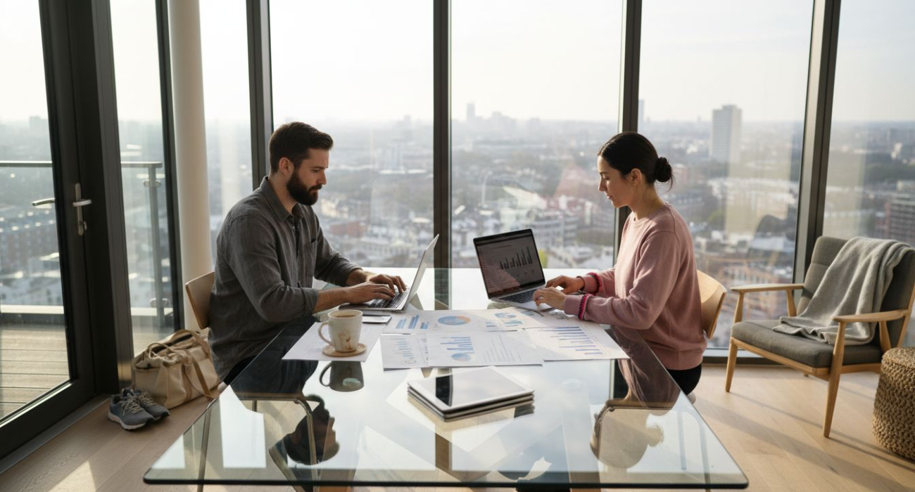 Professionals comparing rental platforms at city office