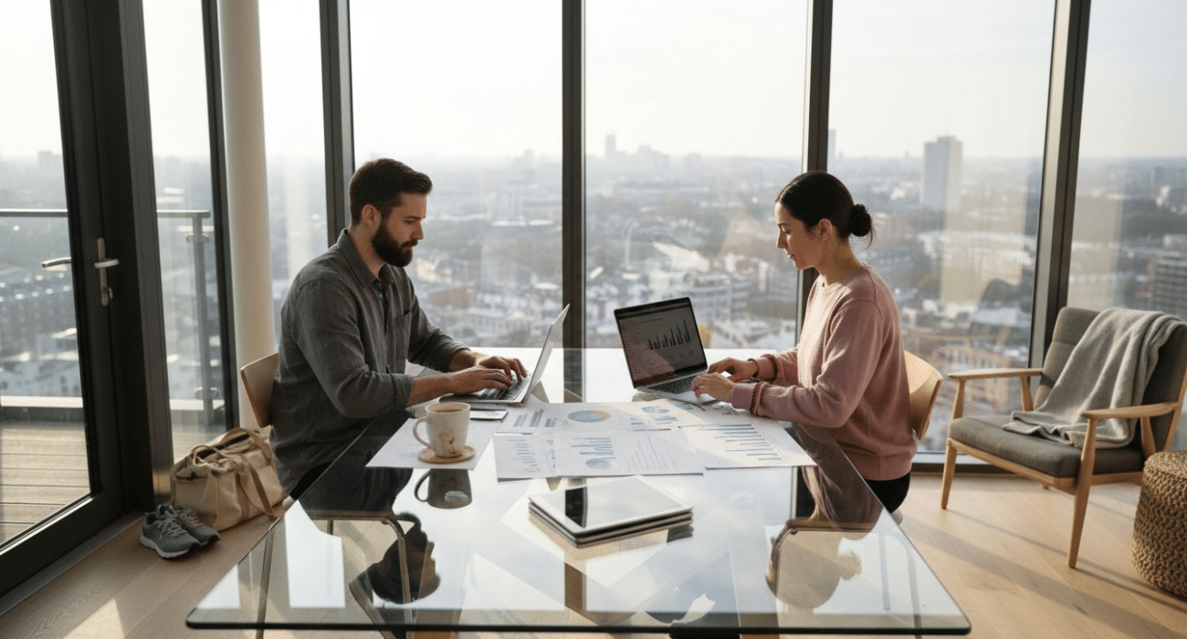 Professionals comparing rental platforms at city office