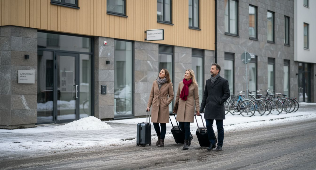 Business travelers arriving at serviced apartment building