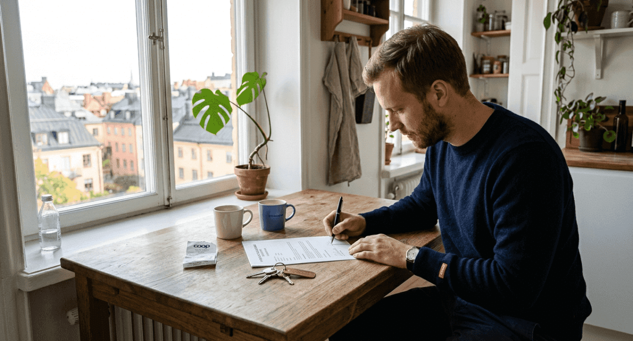 Signing Swedish lease at sunlit kitchen table