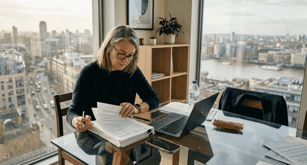 Travel manager checks rental contract in city office