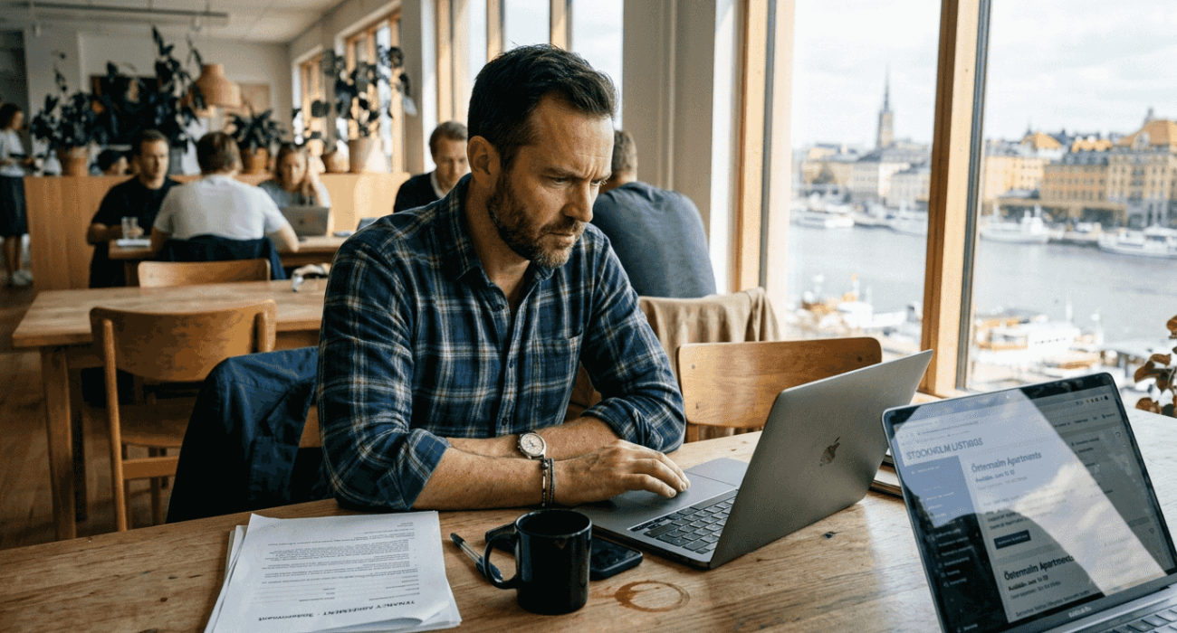 Travel coordinator reviewing Swedish rental listings