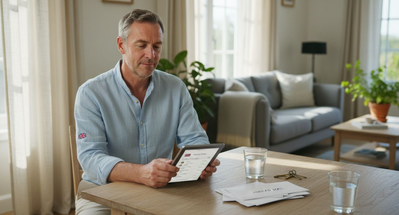 Owner using tablet in sunny guest home kitchen
