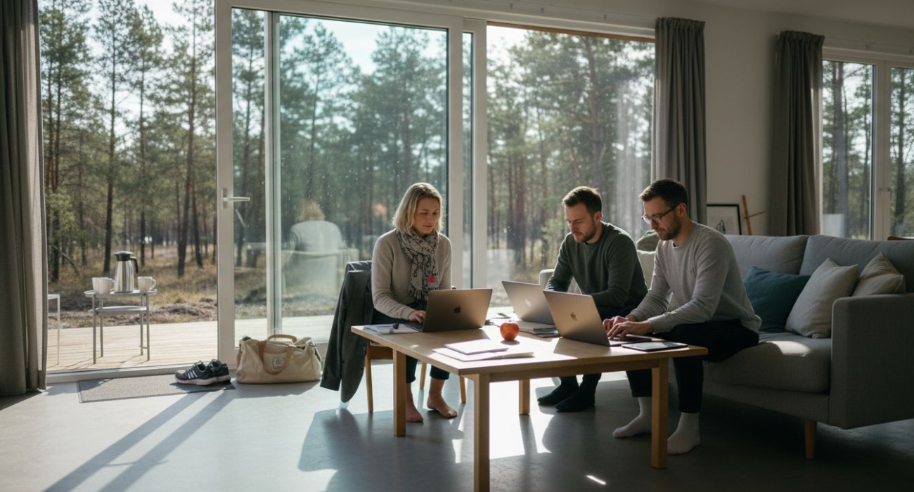 Team working in bright serviced villa living room