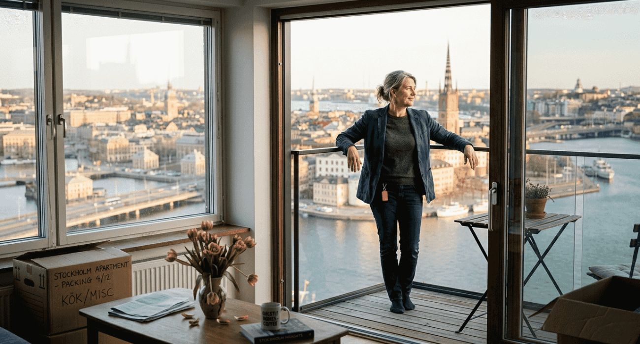 Property owner on balcony overlooking Stockholm