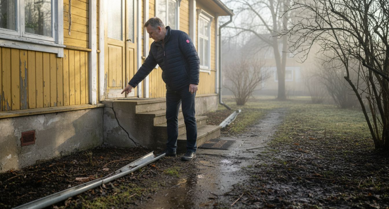 Villa owner inspects post-winter exterior damage