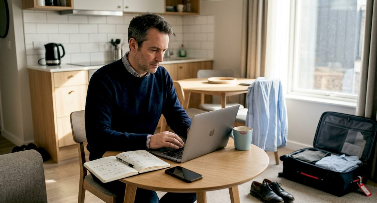 Business traveler reviews apartment options for work stay