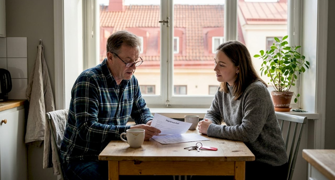 Landlord discussing lease with tenant in apartment