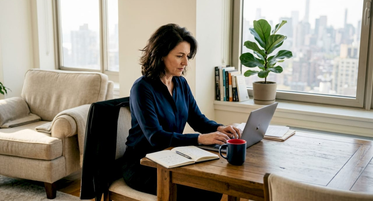 Executive working in bright apartment workspace