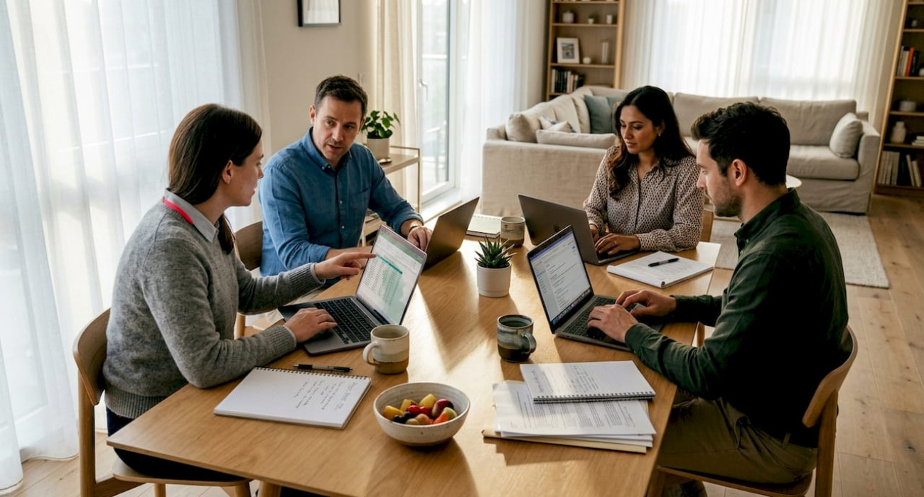 Corporate team working in shared apartment setting