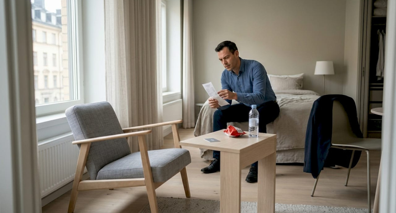 Business traveler checks hotel costs in Swedish room