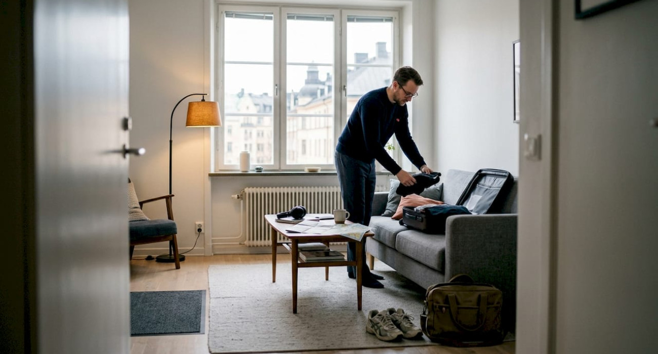 Business traveler unpacking in Swedish apartment