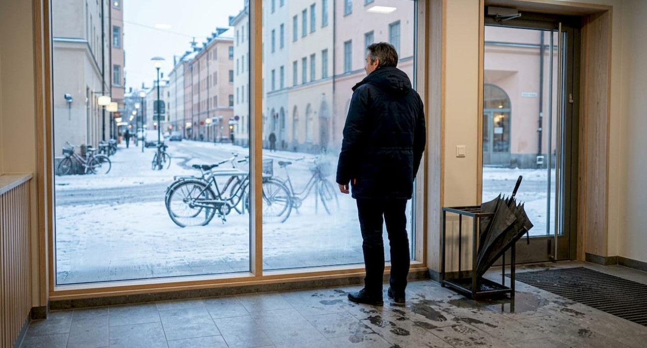 Man looks out Stockholm apartment lobby in winter