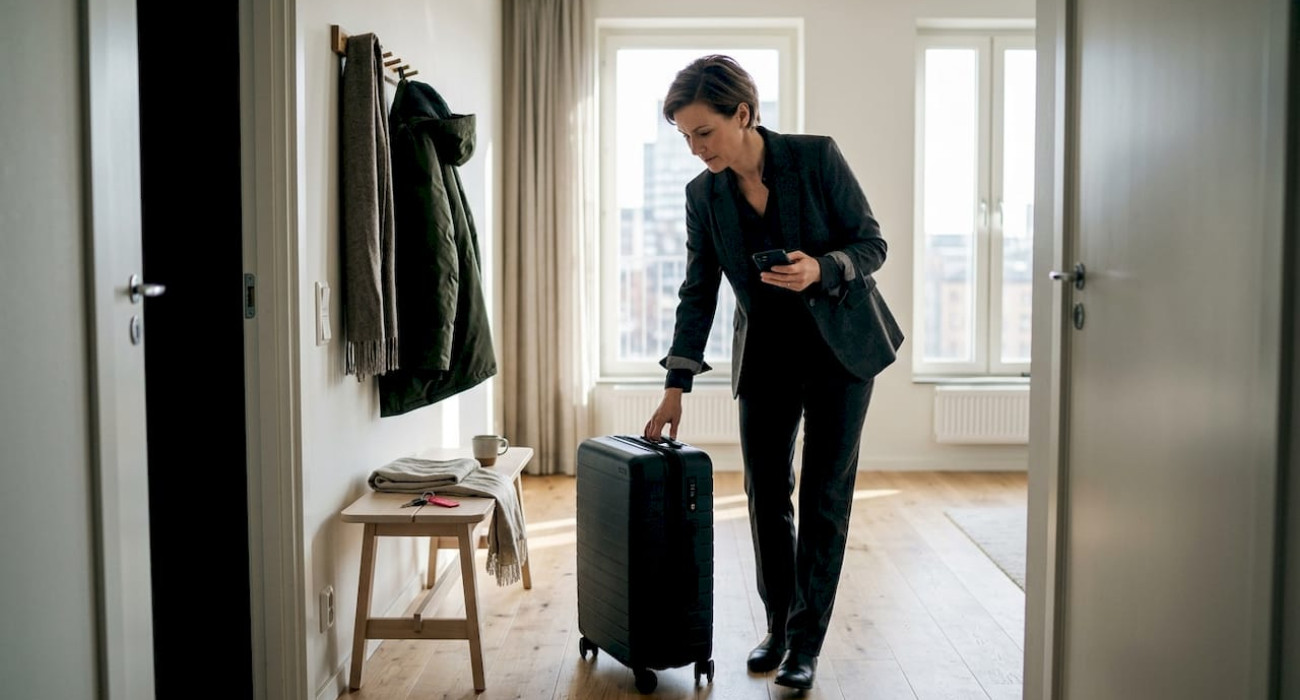 Business guest arriving in Swedish apartment